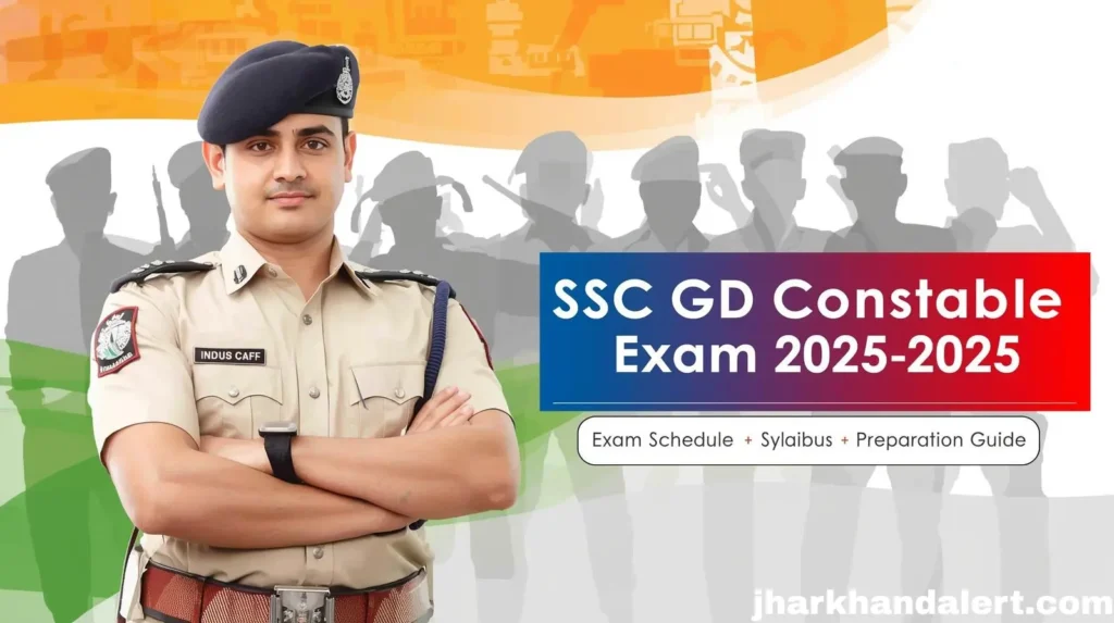 A confident SSC GD Constable in CAPF uniform standing with India’s tricolor gradient background and silhouettes of BSF, CISF, CRPF, ITBP forces, with highlighted text “SSC GD Constable Exam 2025–2026